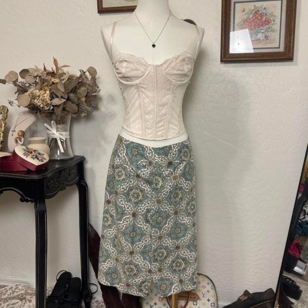Chelsea Studio Midi Skirt Womens 8 Teal Paisley Linen Cotton Blend Excellent 90s
